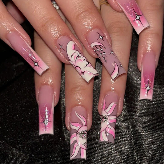 Celestial Dream Long Square Pink Ombre Press On Nail Set with Artistic Moon and Star Designs