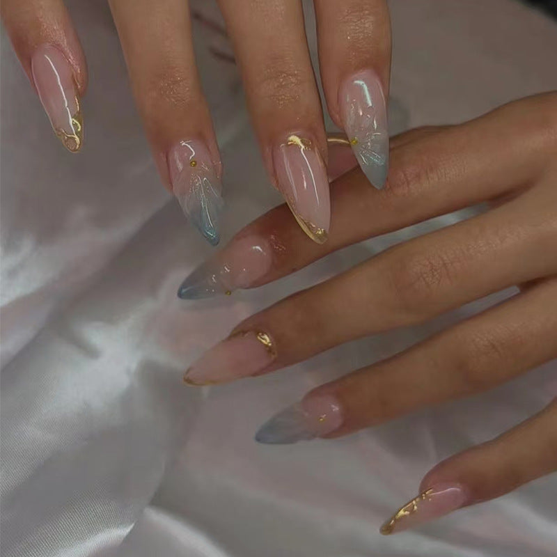 Ocean Breeze Long Stiletto Press On Nail Set in Ombre Blue and Pink with Gold Accents