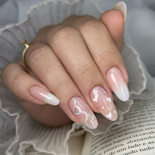 Dreamy Romance Long Oval Ombre Pink White Press On Nail Set with Heart and Glitter Accents