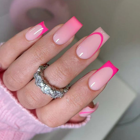Chic Pink Neon Ombre Long Square Press On Nail Set with Artistic Design