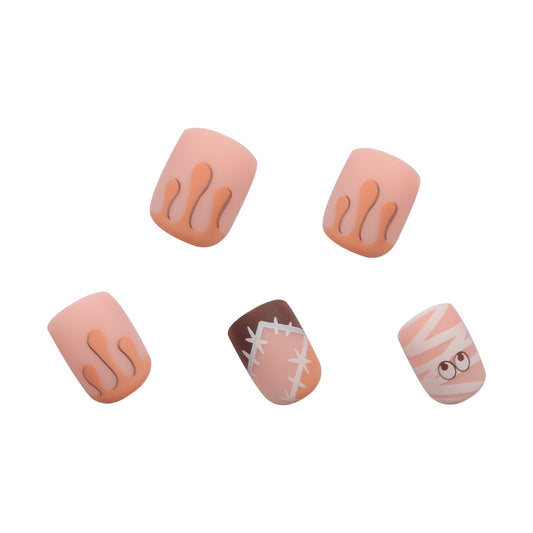 Spooky Halloween Themed Short Square Matte Peach and Brown Press On Nail Set with Fun Mummy and Monster Designs