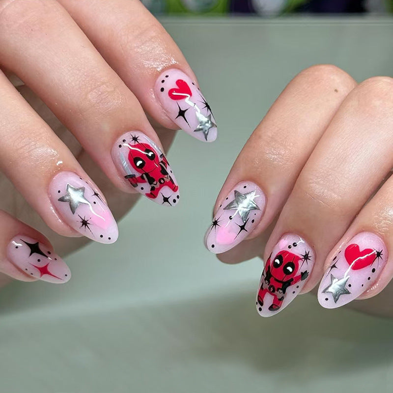 Cosmic Adventure Long Almond Shape Pink Press On Nail Set With Cute Cartoon Designs And Shimmering Stars