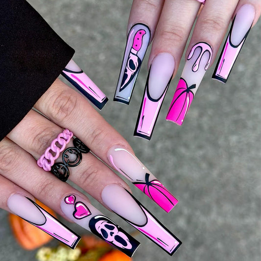 Pink Glam Halloween Long Coffin Press On Nail Set With Ghost And Heart Designs