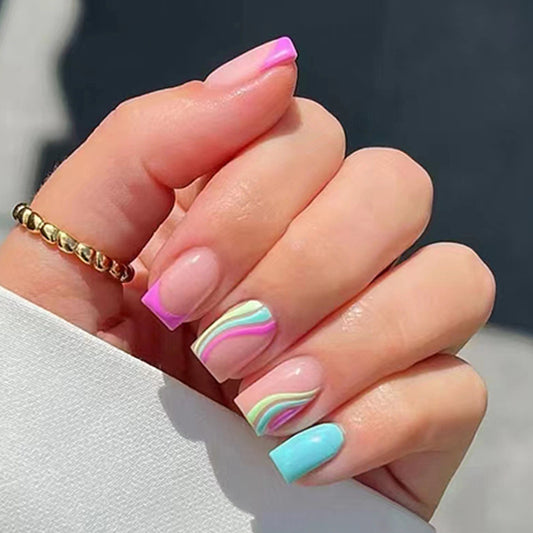 Spring Fling Short Square Shaped Pastel Rainbow Swirl Press On Nail Set