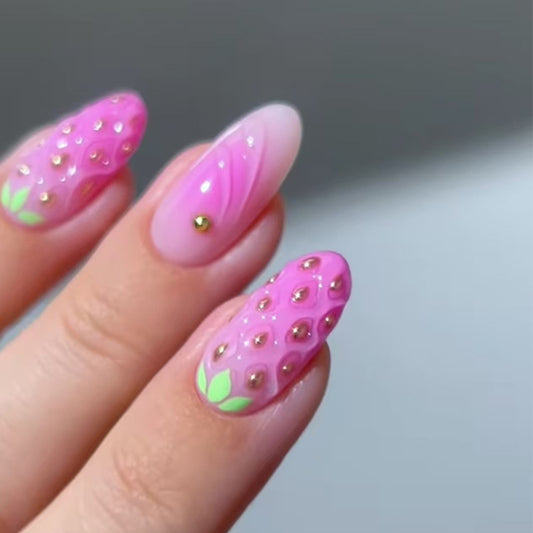 Berry Delight Long Almond Shaped Pink Press On Nail Set with Bling Gems and Leaf Accents