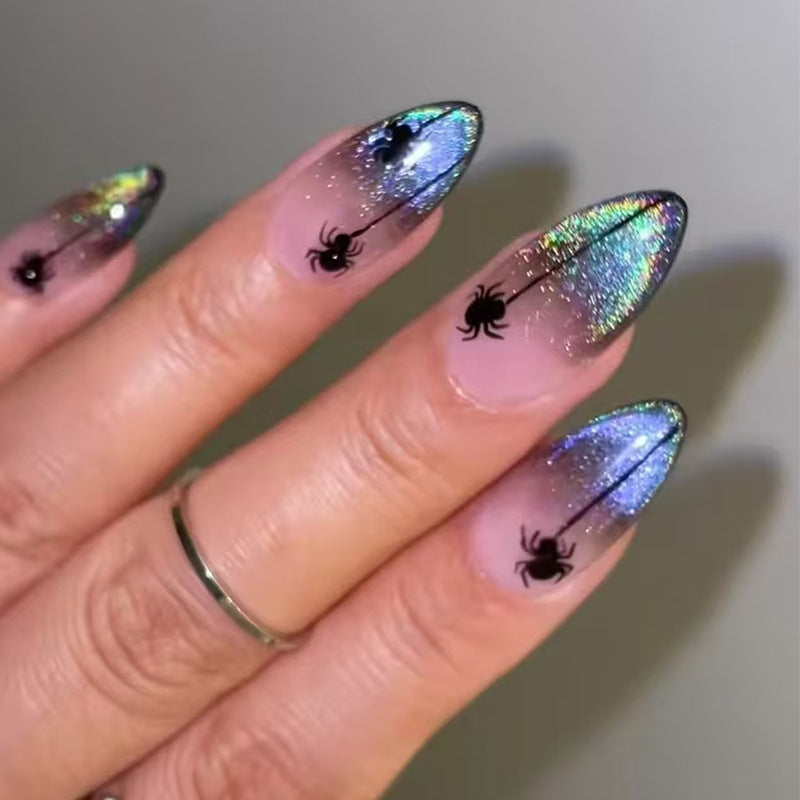 Spooky Glam Long Almond Press On Nail Set in Iridescent Purple with Black Spider Designs