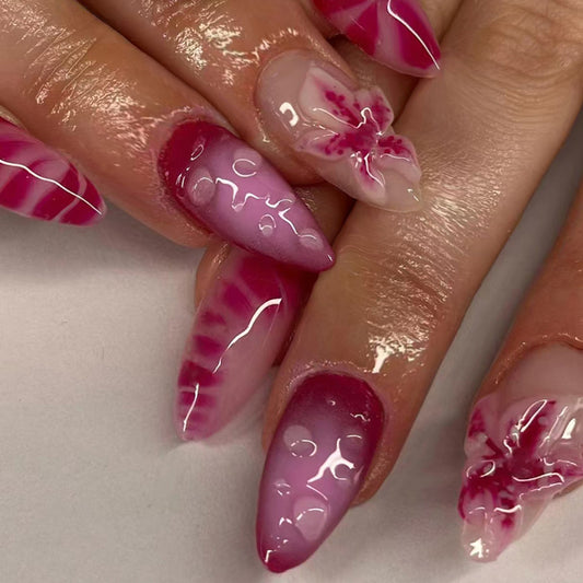 Charming Floral Elegance Medium Almond Pink Ombre Press On Nail Set with Artistic Patterns
