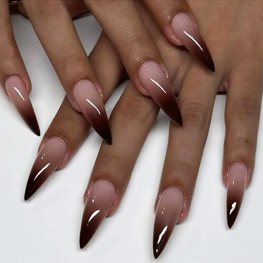 Elegant Twilight Inspired Long Stiletto Ombre Brown and Pink Press On Nail Set with Glossy Finish