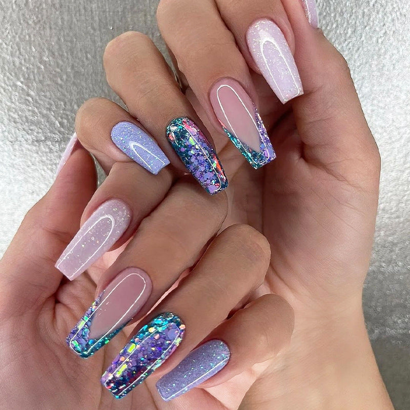 Fantasy Glamour Long Coffin Press On Nail Set in Iridescent Purple with Glitter Accent and Unique Color Block Design