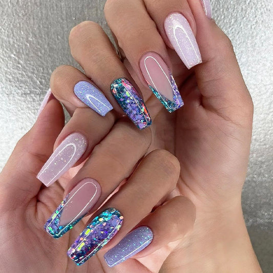 Fantasy Glamour Long Coffin Press On Nail Set in Iridescent Purple with Glitter Accent and Unique Color Block Design