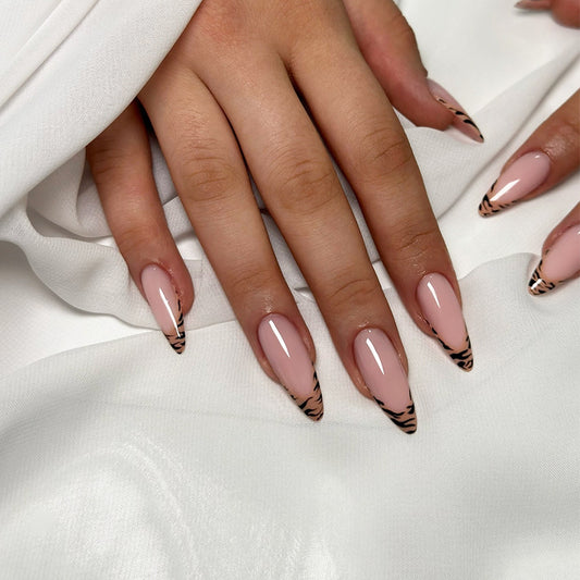 Wild Safari Elegant Long Almond Length Natural Pink Color with Bold Animal Print Tips Press on Nail Set