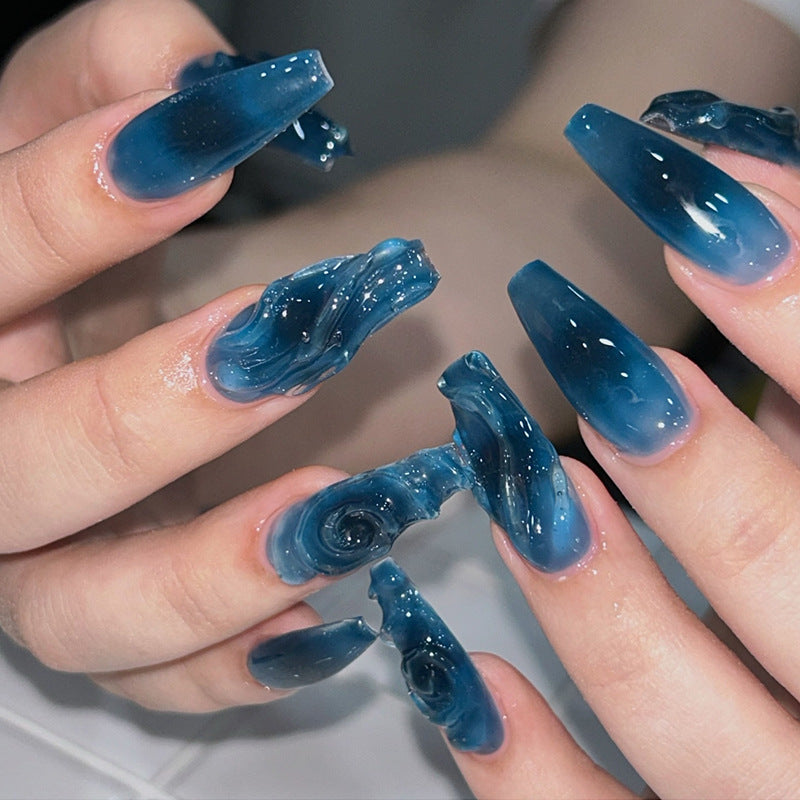 Celestial Magic Long Coffin Blue Ombre Press On Nail Set with Unique Swirl Design