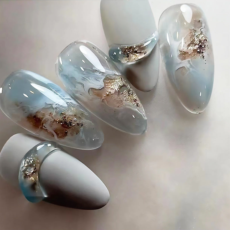 Oceanic Elegance Medium Almond Shape Serene Blue with Metallic Gold Accents Press on Nail Set
