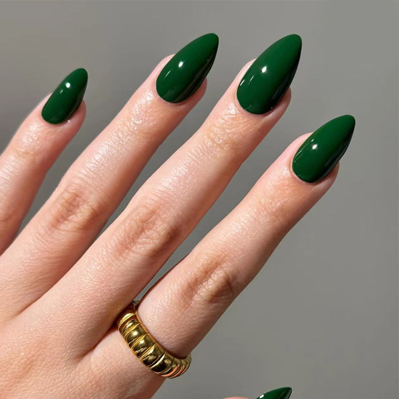 Enchanted Forest Medium Almond Shaped Glossy Dark Green Press On Nail Set with a Striking Shine