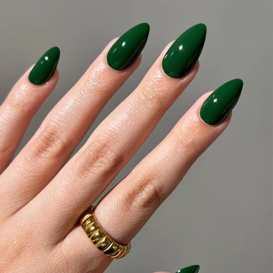 Enchanted Forest Medium Almond Shaped Glossy Dark Green Press On Nail Set with a Striking Shine