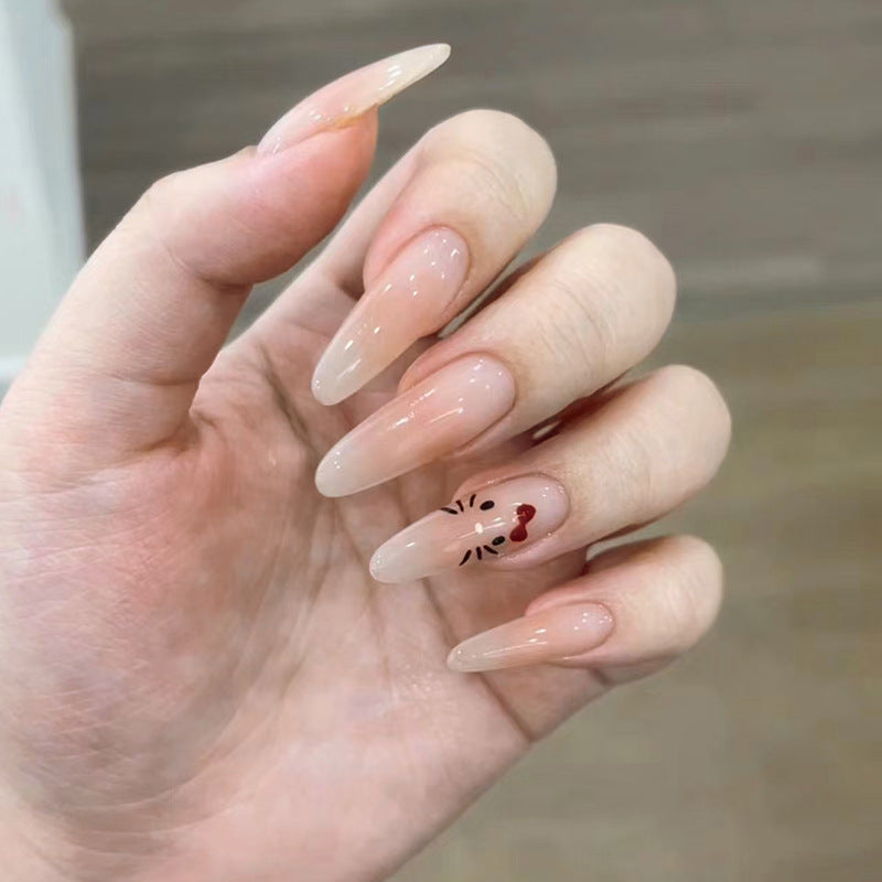 Charming Ocean Breeze Long Almond Beige Press On Nail Set with Cute Kitty Design