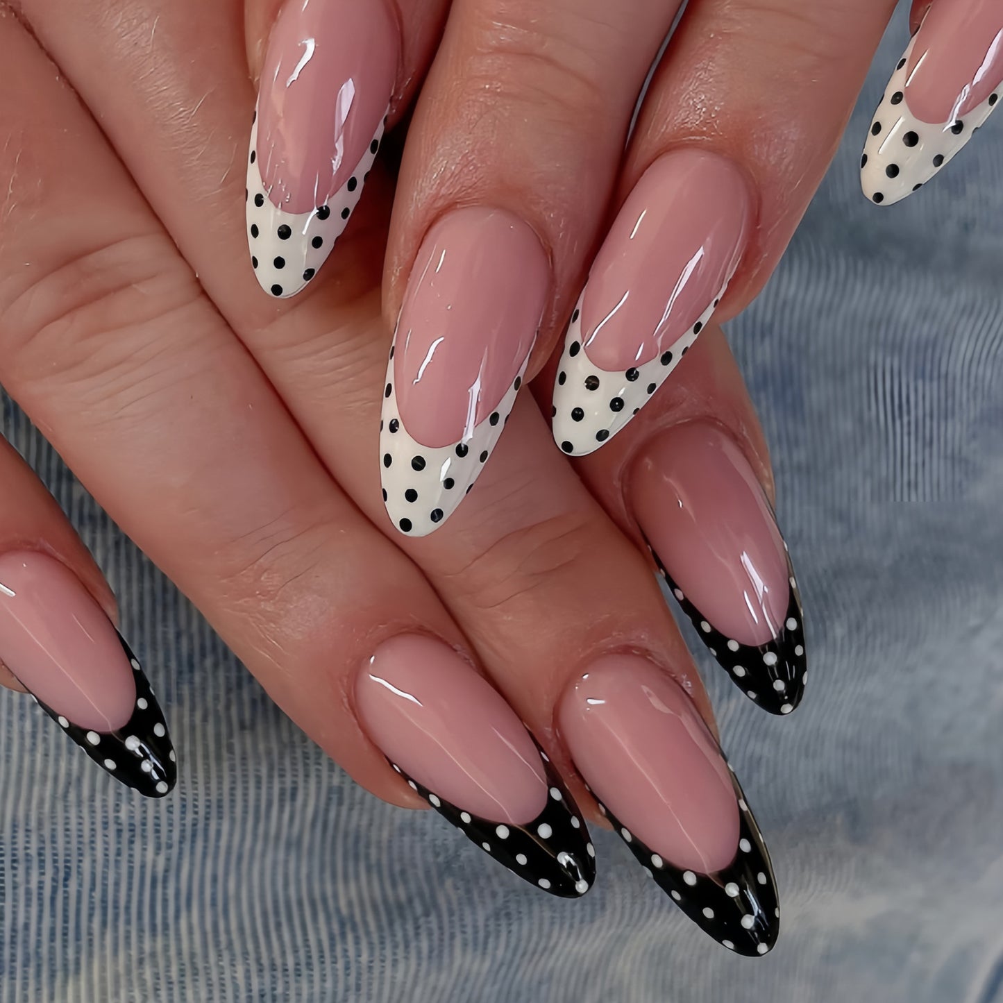 Chic Elegance Long Almond Beige and Black with Polka Dots Design Press On Nail Set