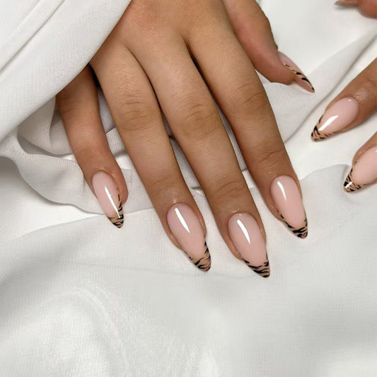 Wild Elegance Medium Almond Shaped Blush Pink with Striking Animal Print Tips Press On Nail Set