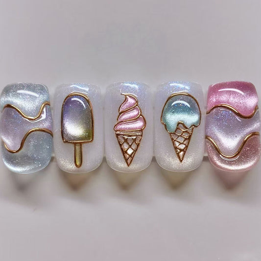 Ice Cream Dream Shimmery Short Squoval Pastel Color Block Press On Nail Set with Unique Metallic Design