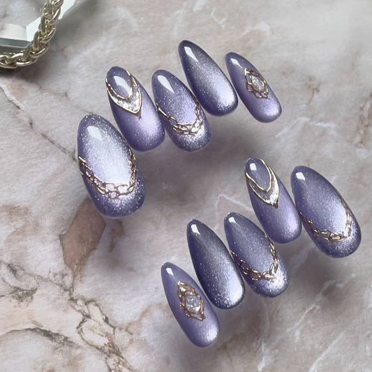 Mystical Lavender Dream Medium Almond Shaped Ombre Purple Press On Nail Set with Elegant Gold Accents