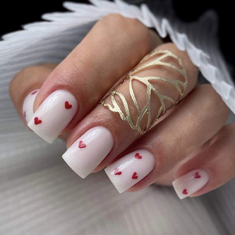 Romantic Love Story Short Square White with Heart Designs Press on Nail Set