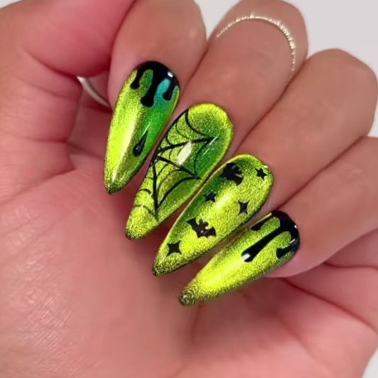 Spooky Vibes Long Almond Neon Green Press On Nail Set with Metallic Spider Web and Dripping Black Detail