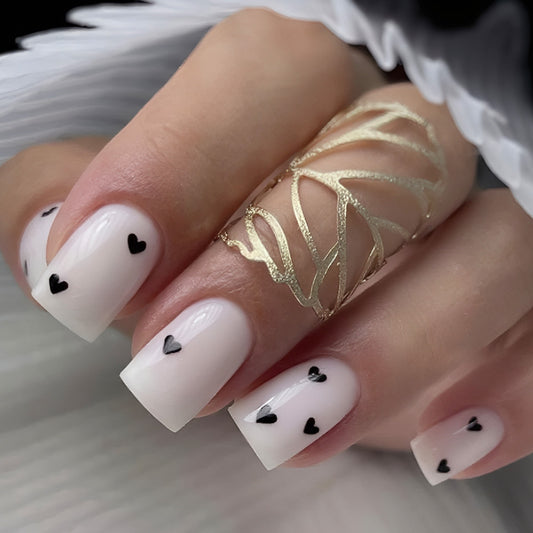 RomanticWhimsy Short Square White Nails with Heart Accents for Delightful Charm