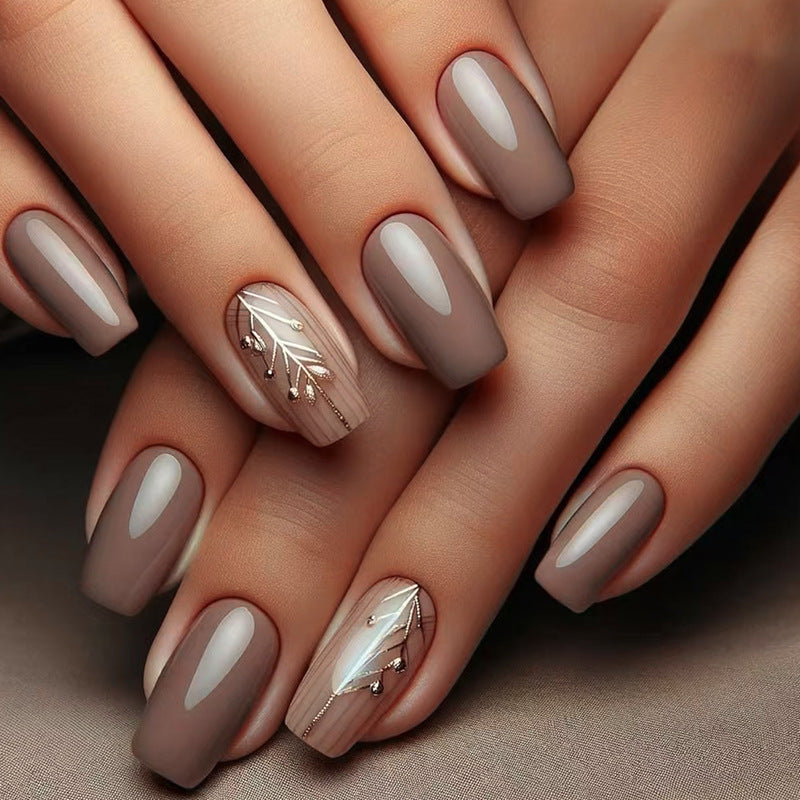 Elegant Autumn Inspired Medium Square Almond Brown Nail Set with Metallic Leaf Design