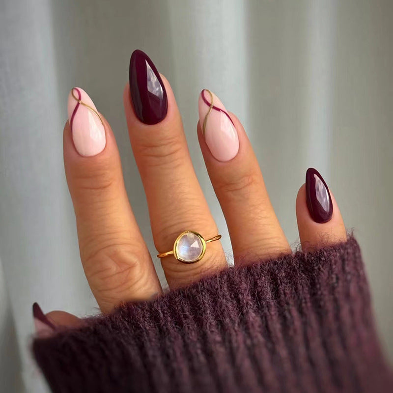 Elegant Twilight Medium Almond Shaped Burgundy and Pink Gradient Press On Nail Set with Unique Luxurious Shine Feature