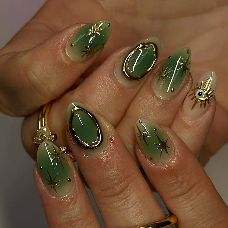 Mystical Forest Inspired Medium Almond Shaped Gradient Green Nails with Stunning Gold Accents