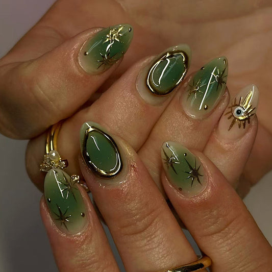 Mystical Forest Inspired Medium Almond Shaped Gradient Green Nails with Stunning Gold Accents