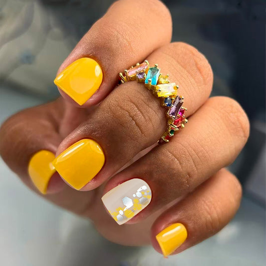 Sunny Delight Short Square Yellow Press On Nail Set with Floral Accent