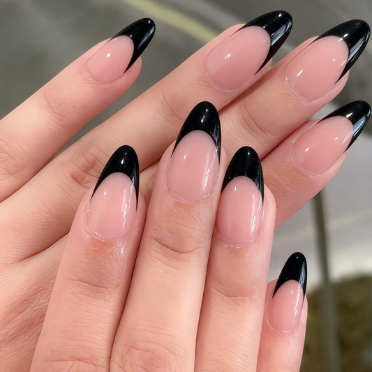 Gothic Glamour Long Almond Black and Beige Press on Nail Set with Elegant Ombre Design