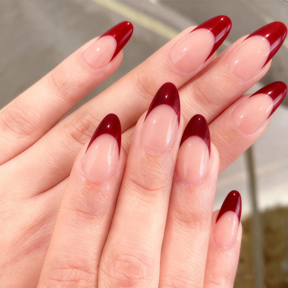 Glamorous Elegance Long Almond Red Gradient Press On Nail Set with Unique Reverse French Tip Design