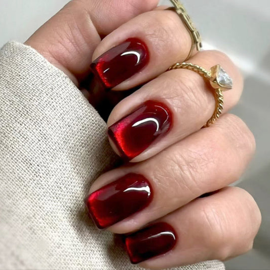 Radiant Ruby Evening Glamour Short Square Press-On Nail Set in Rich Glossy Crimson with Stunning Ombre Effect