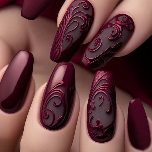 Elegant Nightfall Long Coffin Deep Burgundy with Intricate Swirl Design Press On Nail Set