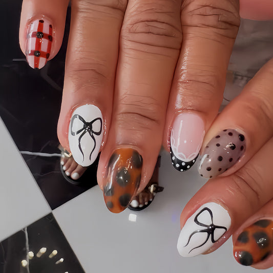 Charming Autumn Collection Short Almond Multi-Color with Stylish Bow Accents Press On Nail Set