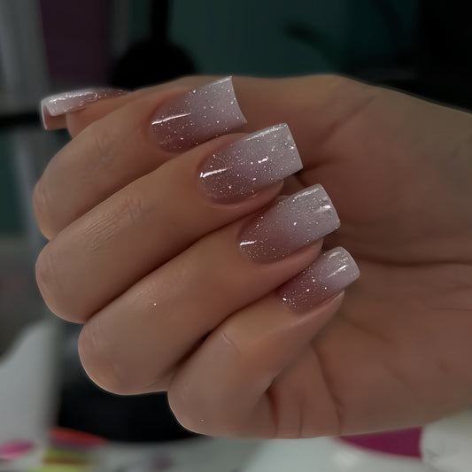 Glamourous Elegance Medium Square Ombre Pink with Shimmering Glitter Press On Nail Set
