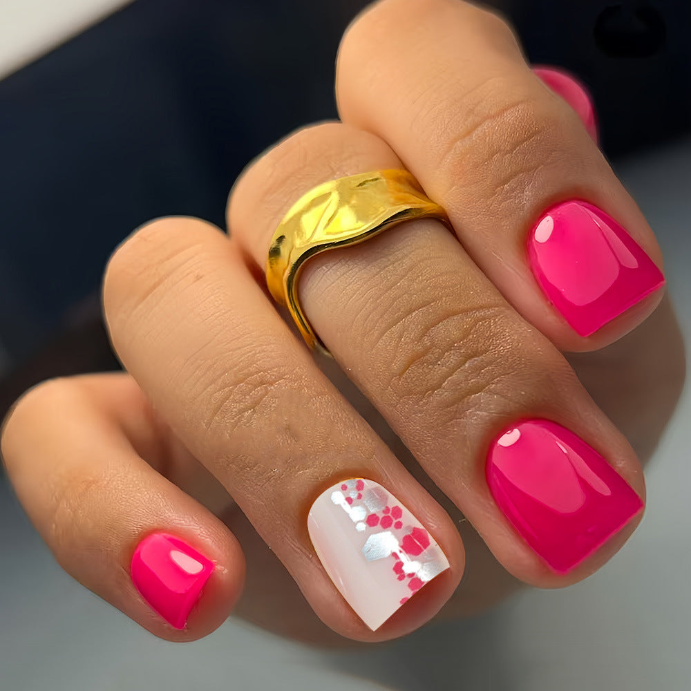 Vibrant Garden Short Square Pink Nail Set with Unique Floral Accent