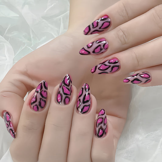 Fierce Feline Medium Almond Pink and Black Leopard Print Press On Nail Set