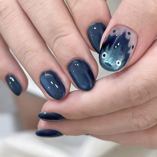 Mystical Ocean Short Oval Deep Blue Glossy Finish with Iridescent Accent Press On Nail Set