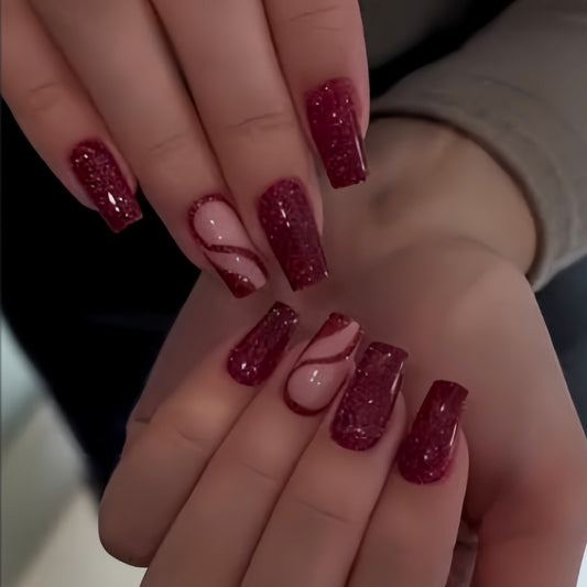 Glamourous Burgundy Long Square Press On Nails with Glittery Swirl Design