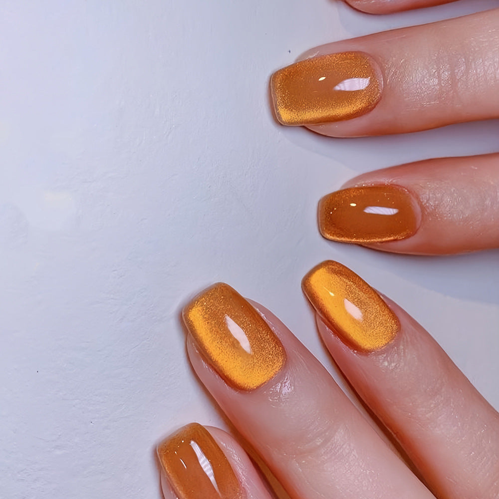 Autumn Sunset Medium Square Shaped Glossy Orange Press On Nail Set with a Stunning Shimmer Finish