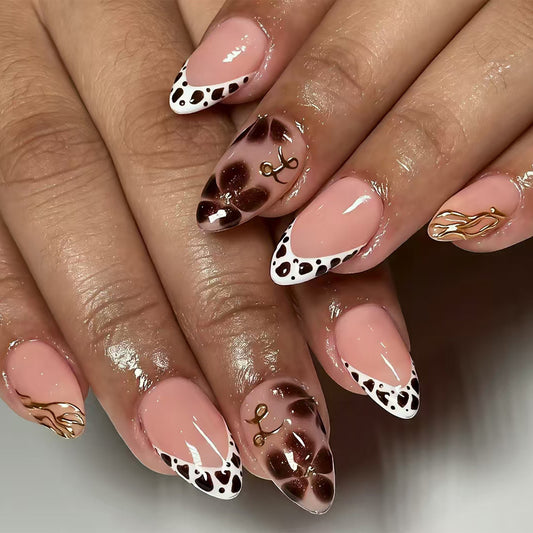 Chic Safari Medium Almond Pink and Brown Cheetah Print Nail Set with Gold Accents