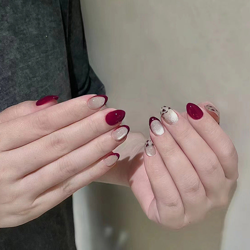 Elegant Romance Short Almond Shape Burgundy and Glittery Beige Press On Nail Set with Unique Multicolored Design