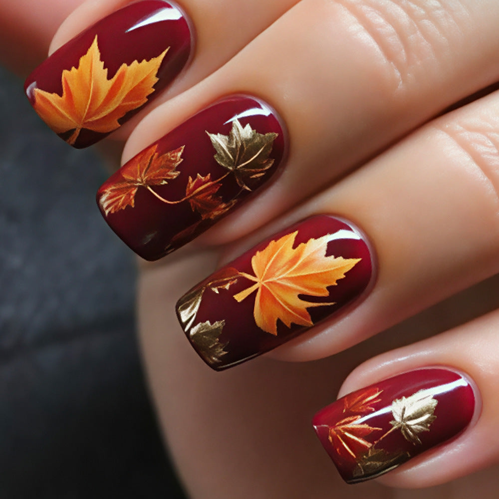 Autumn Elegance Medium Square Burgundy Press On Nail Set with Golden Leaf Accents