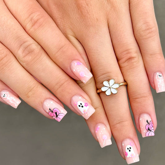 Spooky Pink Square Press On Nail Set Long Glossy Nails with Cute Ghost and Flower Designs