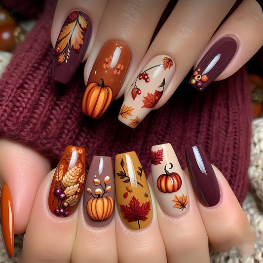 Autumn Harvest Long Coffin Burgundy and Fall Themed Artistry Press On Nail Set