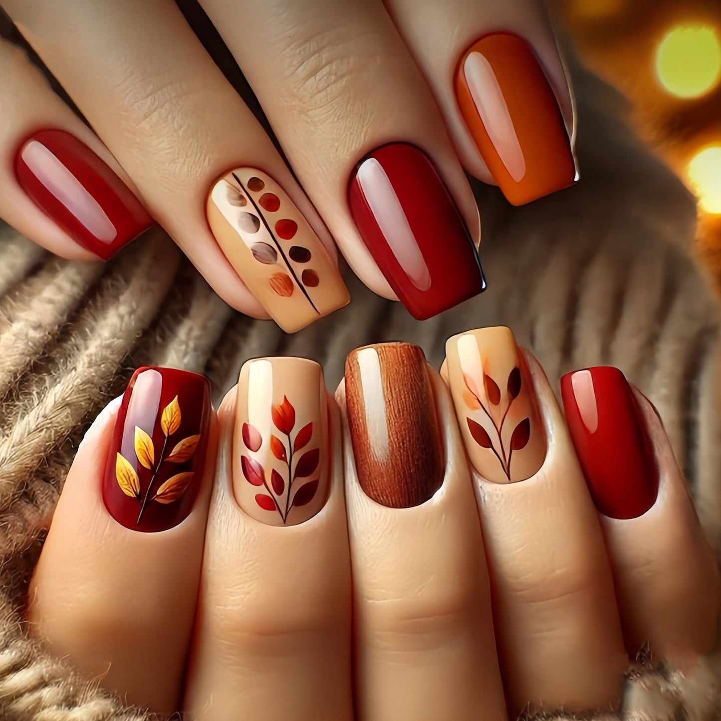 Autumn Vibes Medium Square Burgundy and Beige with Leaf Art Design Press On Nail Set