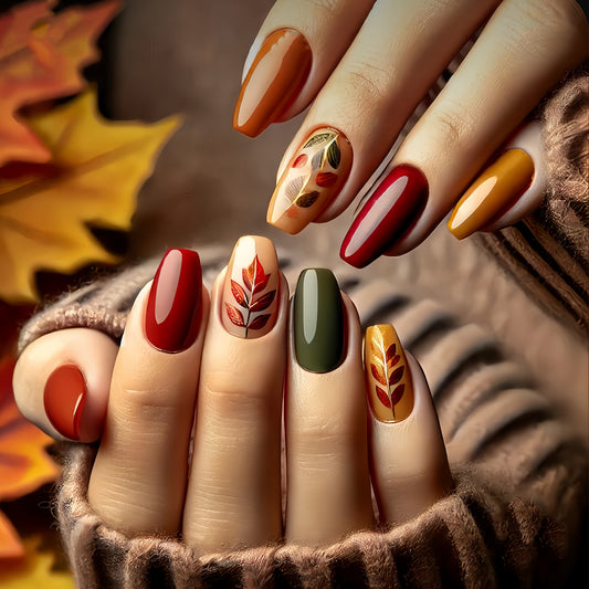 Autumn Elegance Medium Square Midnight Orange and Leafy Green with Glossy Finish Press on Nail Set